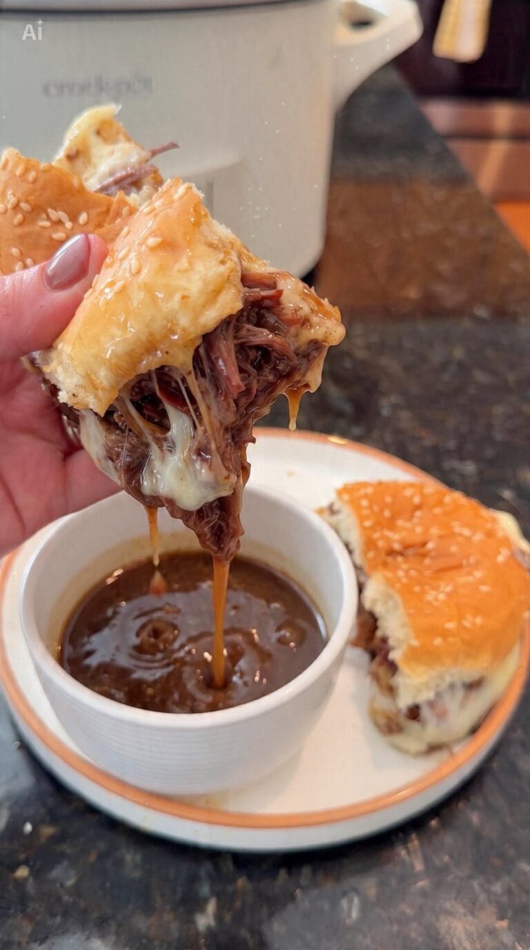 A hand dips a cheesy shredded beef sandwich into a bowl of au jus with another sandwich half and a crockpot visible in the background.